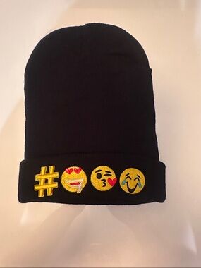 Black Beanie with Emoji Patches, NWOT, New, 2 in Stock.